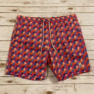 Psycho Bunny Orange Red Blue Geometric Swim Trunks